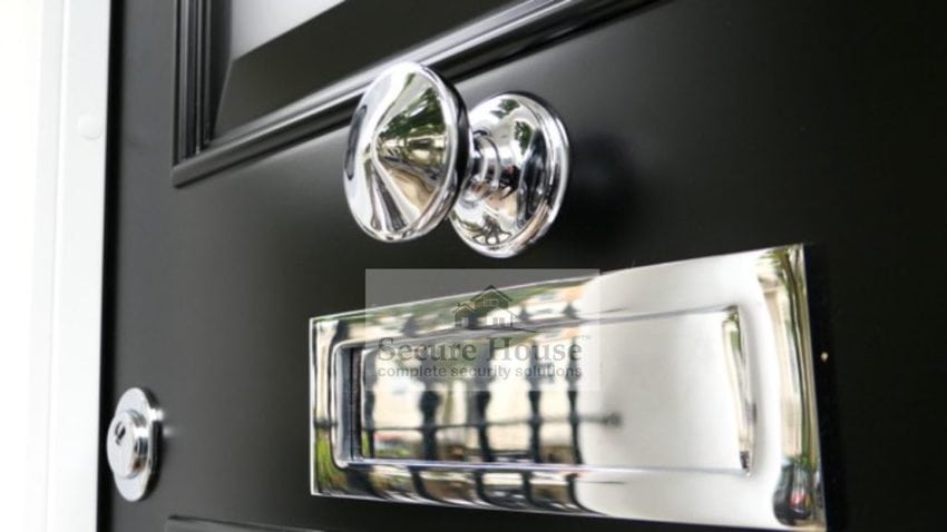 Luxurious ironmongery from Secure House - highly polished silver finish door pull and letterbox